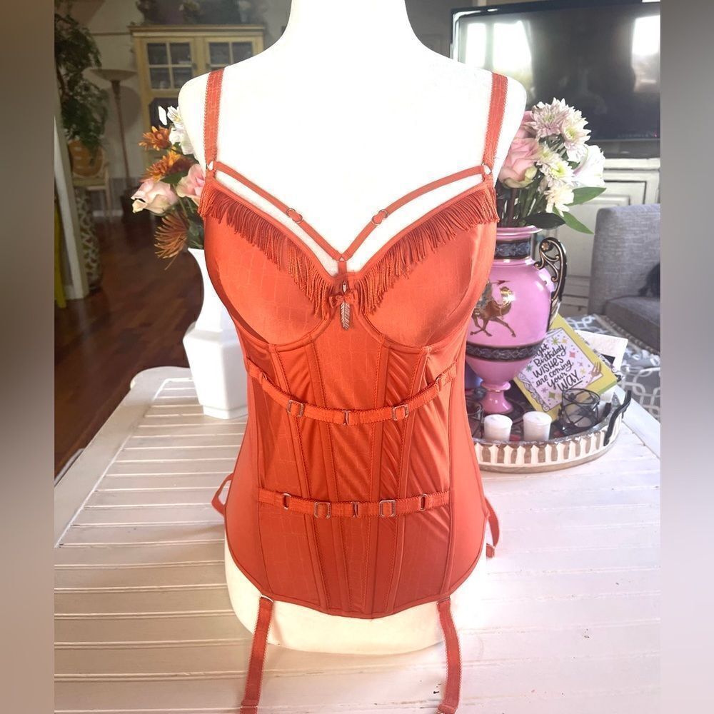 Marlies Dekker burnt orange fringed plunge balcony bustier corset